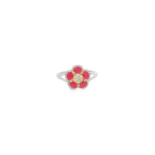 18CT White Gold; Diamond & Ruby Flower