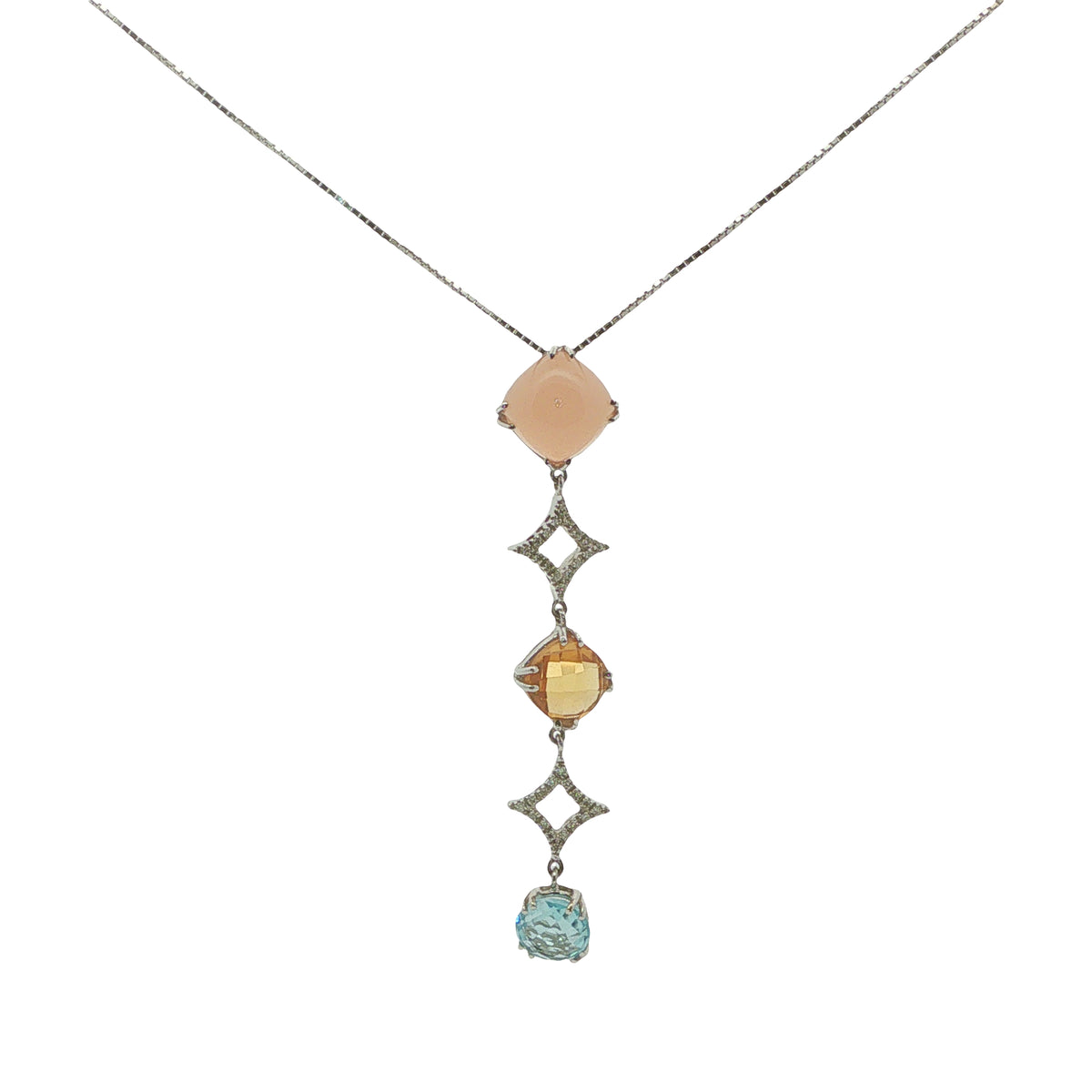 18CT White Gold; Diamond, Blue & Yellow Topaz and Pink Quartz
